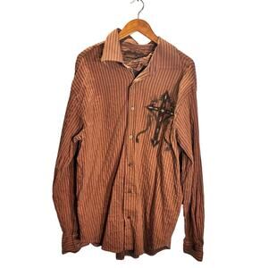 ApricotTree Striped Button Up Shirt Embroidered Cross Western Rocker